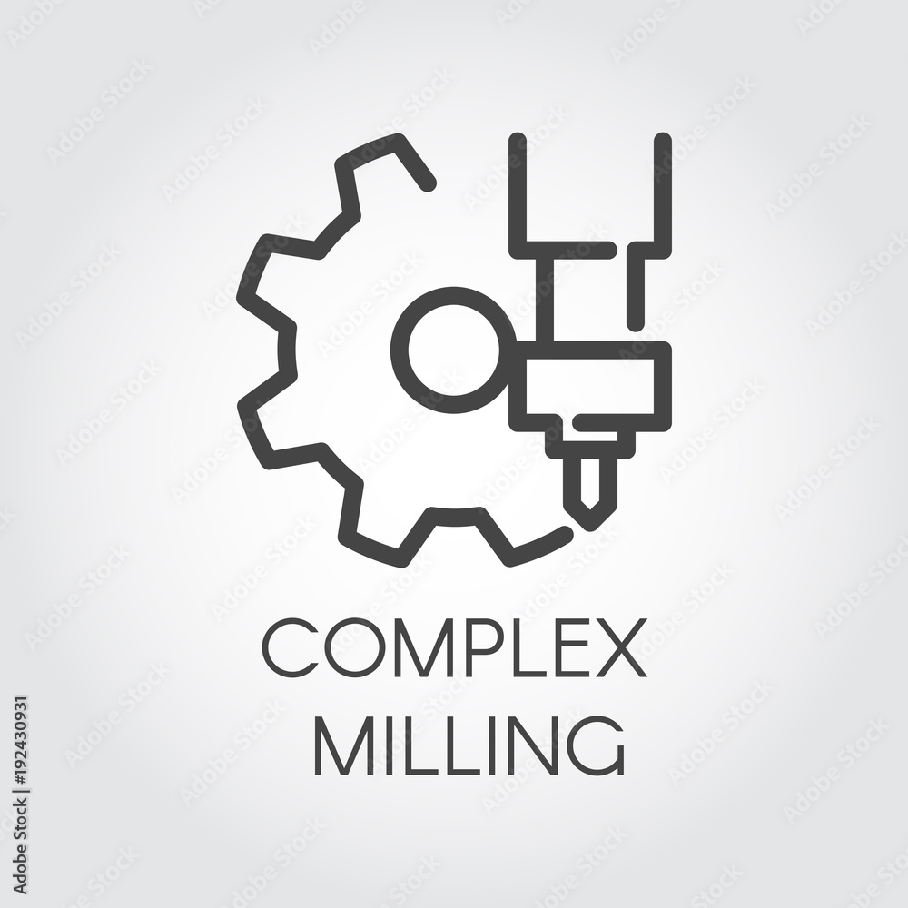 Complex milling concept icon drawing in outline style. Abstract drill and gear label. Graphic web pictogram. Automation and precision system.Technology and industrial contour logo. Vector Complex milling concept icon drawing in outline style. Abstract drill and gear label. Graphic web pictogram. Automation and precision system.Technology and industrial contour logo. Vector