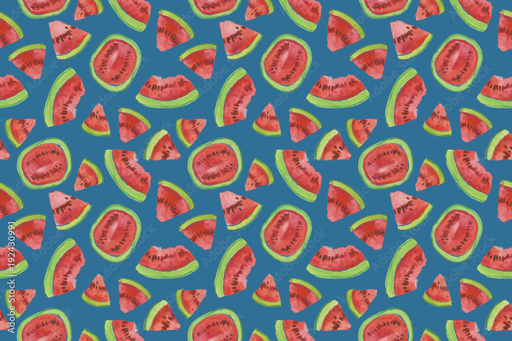 Trendy fruit pattern. Artistic Watermelon background. Watercolor watermelon seamless pattern. Hand painted texture with summer fruit on white background. Healthy food wallpaper design, juice label. Trendy fruit pattern. Artistic Watermelon background. Watercolor watermelon seamless pattern. Hand painted texture with summer fruit on white background. Healthy food wallpaper design, juice label.
