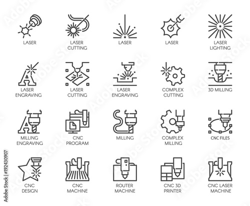Set of 20 line icons in series of laser cutting. Computer numerical controlled printer, 3D milling machine and other thematic symbols. Stroke mono contour pictograms isolated. Vector outline labels photo