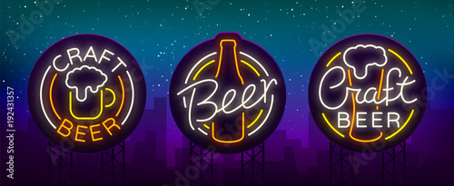 Set of beer logo, neon signs, logos of emblem in neon style, vector illustration. For the beer house bar pub, brewery. Night beer advertising, neon glowing bright sign. Billboard