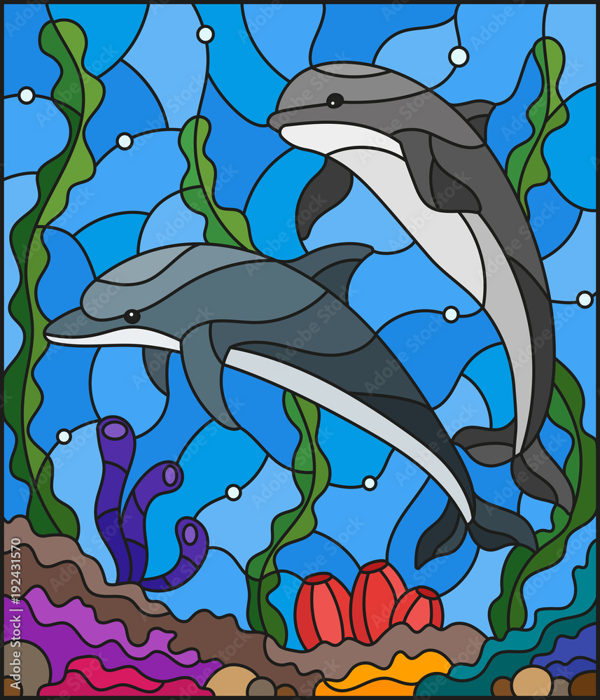 Obraz premium Illustration in stained glass style with a pair of dolphins on the background of water and the seabed