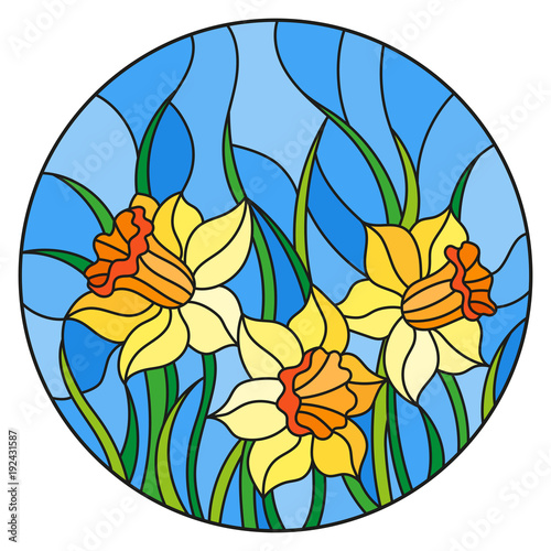 Fototapeta Naklejka Na Ścianę i Meble -  Illustration in stained glass style with a bouquet of yellow daffodils on a blue background, round image