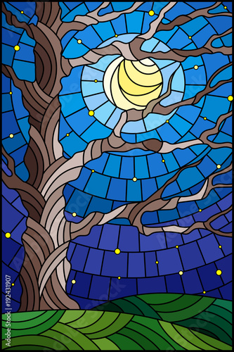 Illustration in stained glass style with tree on sky background with the stars and moon