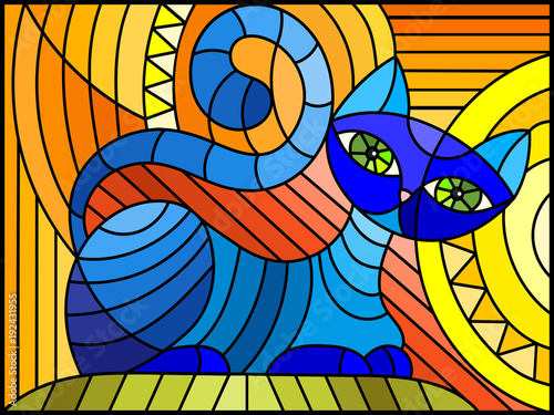 Obraz na płótnie Ilustracja w witrażu stylu z abstrakcjonistycznym błękitnym geometrycznym kotem na pomarańczowym tle