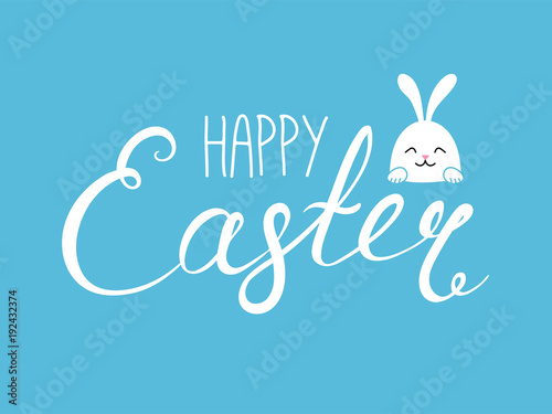 Hand written Happy Easter lettering with cute cartoon rabbit. Isolated objects on blue. Vector illustration. Festive design elements. Concept for greeting card, invitation.