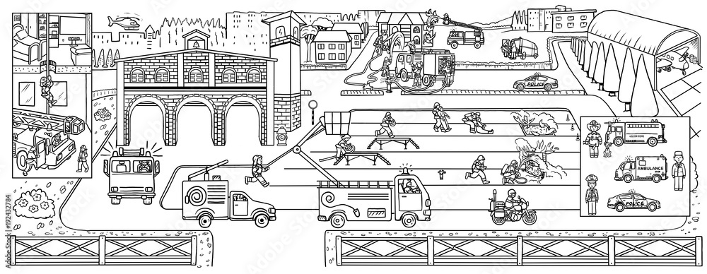 Poster-coloring. Fire station with fire engines, firefighters work. Fire extinguishing, training sessions, life of firefighters. Contour drawing.