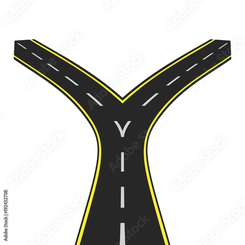 Road junction. Decision making. Alternative directions. Hard choice on the crossroad. Way to the future. Bifurcated road. Abstract vector illustration on white background.
