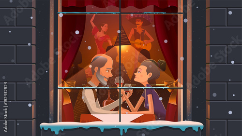 Mature couple enjoying evening in restaurant. Vector illustration of aged content people drinking wine in ethnic restaurant behind window.