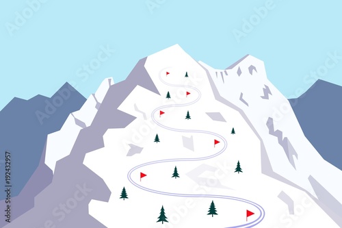 Snow covered mountain with ski track. Skiing trace marked with red flags. Vector illustration.