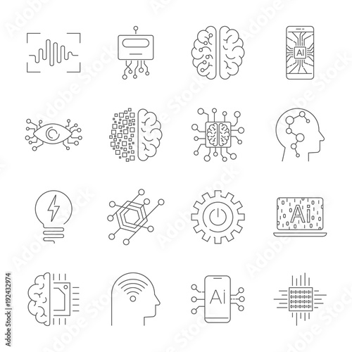 Future technologies icons. AI, quantum computing, robot, IoT, smart CPU and other. Editable Stroke.