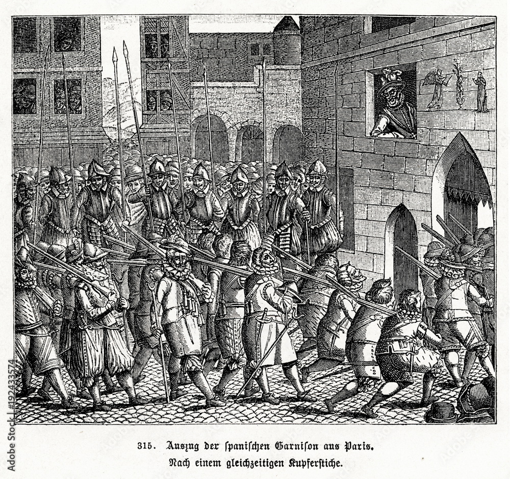 Departure of Spanish troops from Paris, 22 March 1594 (from Spamers Illustrierte Weltgeschichte, 1894, 5[1], 678)