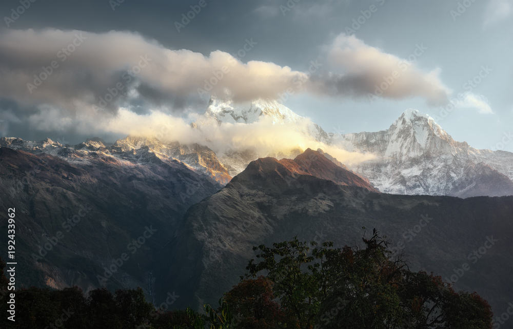 Scenic landscape with mountain range Annapurna, Himalayas on sunrise.