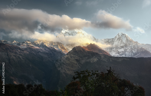 Scenic landscape with mountain range Annapurna, Himalayas on sunrise.