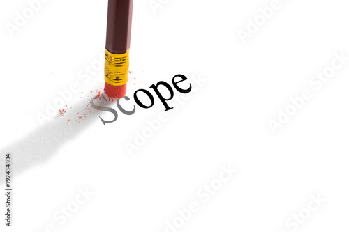 Pencil eraser trying to remove the word 'scope' on paper. Concept.