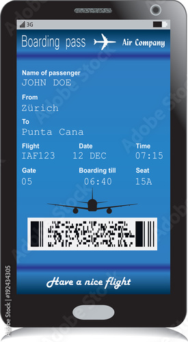 Mobile phone or smartphone with modern electronic boarding pass ticket for travel by plane. Vector illustration