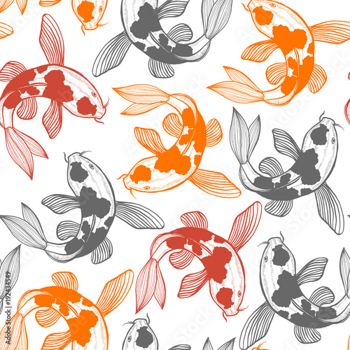 Seamless Pattern with Karp Koi. Fish Background in Hand Drawn Style for Surface Design Fliers Prints Cards. Vector Illustration 
