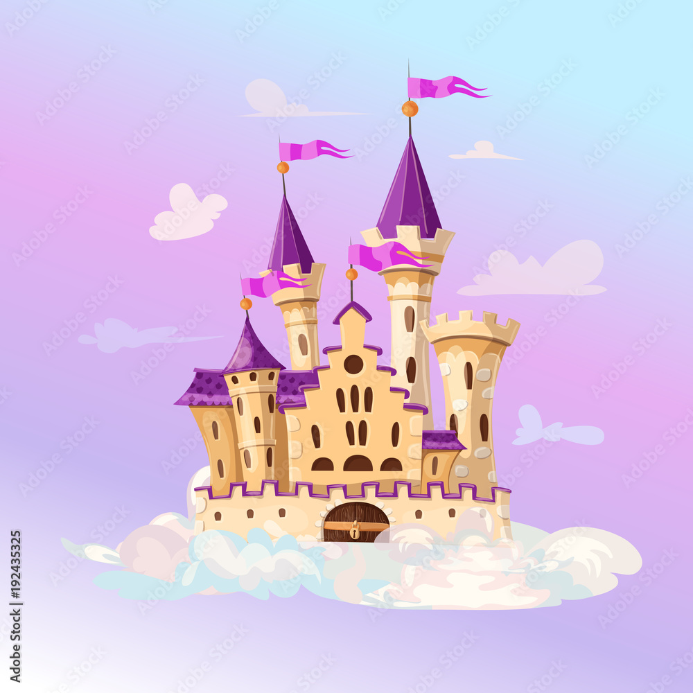 FairyTale cartoon castle. Cute cartoon castle. Fantasy flying island with fairy tale palace in clouds. Vector illustration