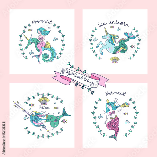 Set of vector mythological creatures. Mermaid riding a seahorse, sea unicorn, mermaid with sea shell in hand, Sea king Triton with Trident.