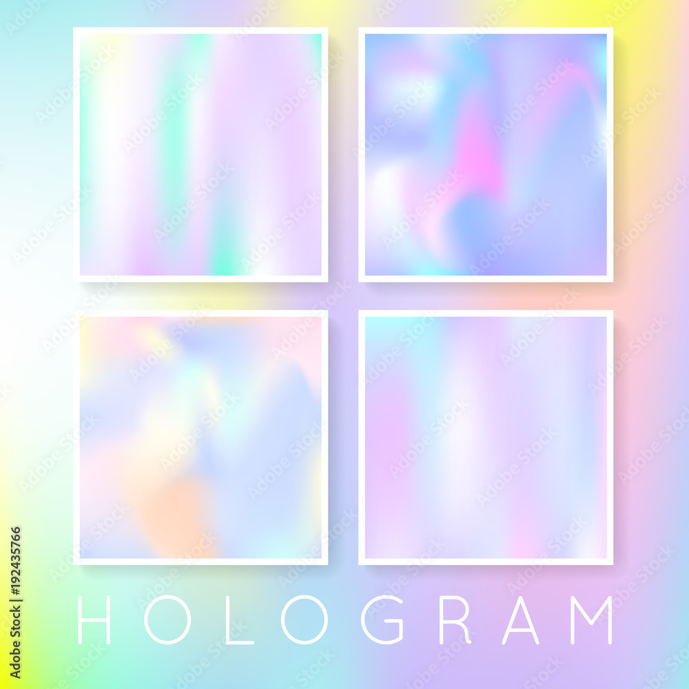 Gradient set with holographic mesh. Colorful abstract gradient set backdrops. 90s, 80s retro style. Iridescent graphic template for brochure, flyer, poster, wallpaper, mobile screen.