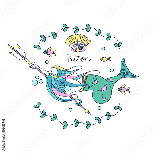 Mythological creature. Sea king Triton with the Trident. Vector illustration.