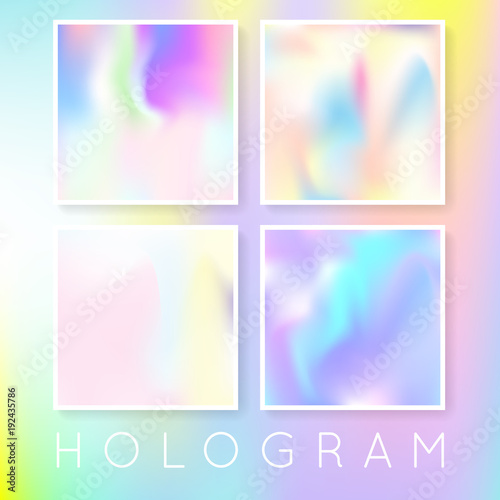 Gradient set with holographic mesh. Trendy abstract gradient set backdrops. 90s, 80s retro style. Pearlescent graphic template for brochure, flyer, poster, wallpaper, mobile screen.