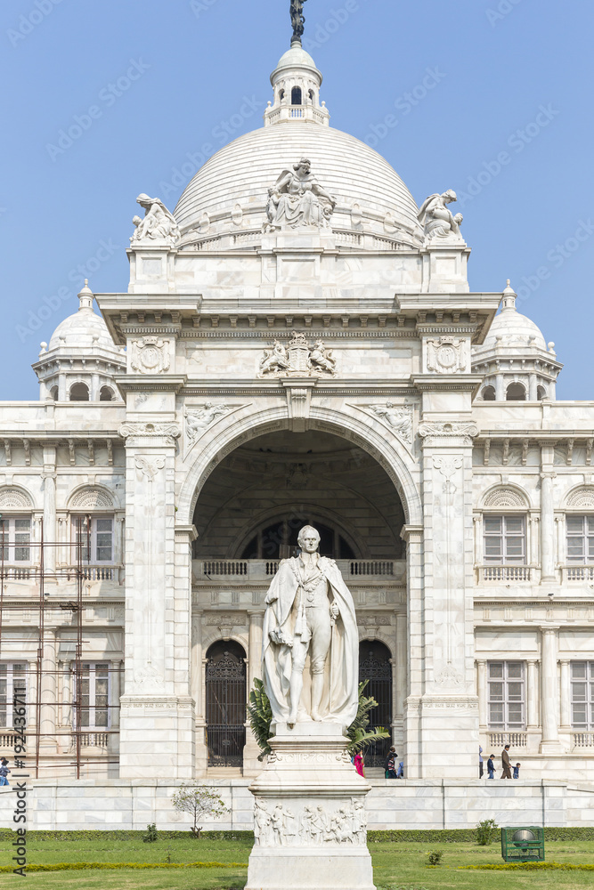 sculpture of Curzon against Victoria Memorial, Kolkata, West Bengal, India