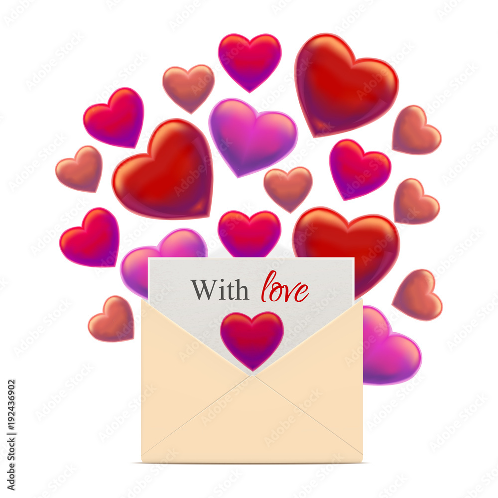 Colorful Composition with Hearts and Envelope. Romantic Template in Realistic Style for Card Poster Design. Vector Illustration