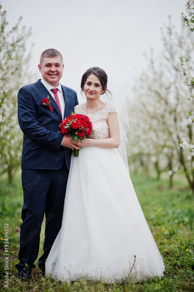 Gorgeous newly married couple posing in the blossoming garden on their weedding day. Gorgeous newly married couple posing in the blossoming garden on their weedding day.