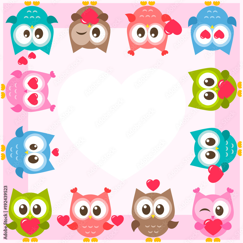 frame with cute owls and hearts