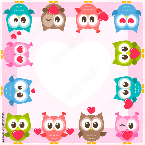frame with cute owls and hearts
