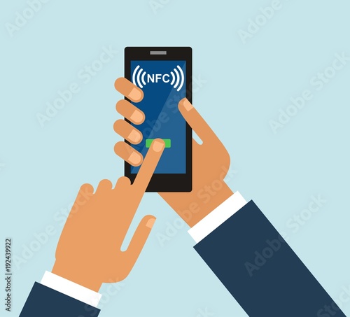 Smartphone with nfc function. Mobile payment credit card hand holding phone flat