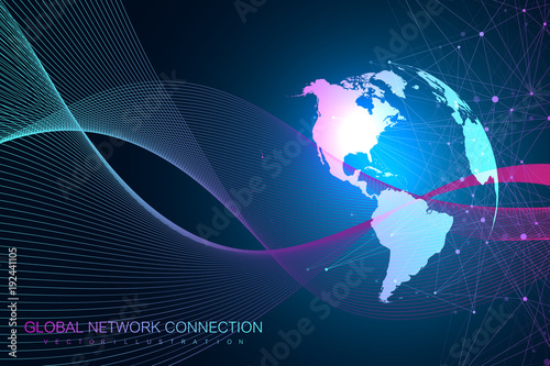 World map point with global technology networking concept. Digital data visualization. Lines plexus. Big Data background communication. Scientific vector illustration.