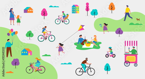 Summer outdoor scene with active family vacation, park activities illustration with kids, couples and families.