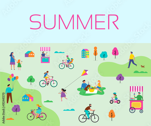 Summer outdoor scene with active family vacation, park activities illustration with kids, couples and families.