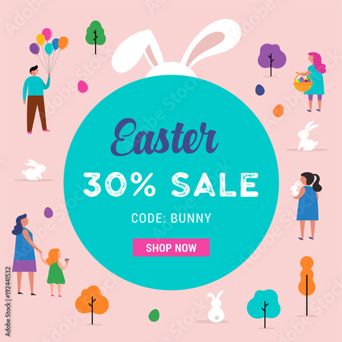 Happy Easter scene with families, kids. Easter street event, festival and fair design