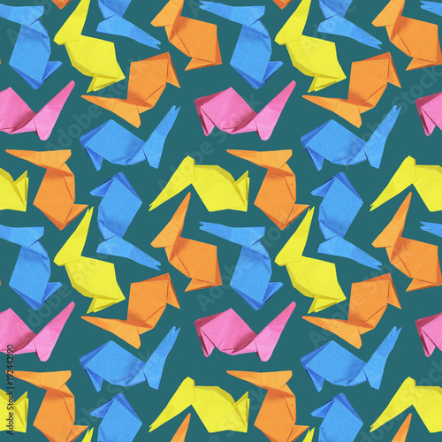 Seamless texture, paper Easter Bunny origami pattern, on colored background.