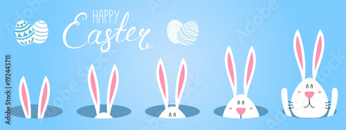 Hand drawn vector illustration with cute cartoon bunny looking from a hole, Happy Easter text. Isolated objects. Vector illustration. Festive design elements. Concept for greeting card, invitation.