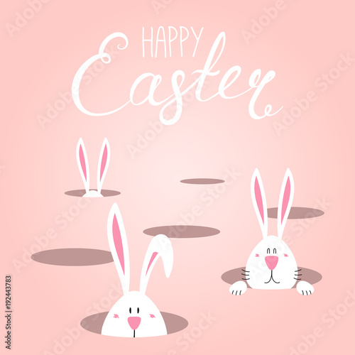 Hand drawn vector illustration with cute cartoon bunnies looking from holes, Happy Easter text. Isolated objects. Vector illustration. Festive design elements. Concept for greeting card, invitation.