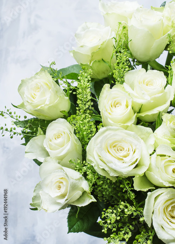 Bouquet of white roses for women s day  gray background  selective focus