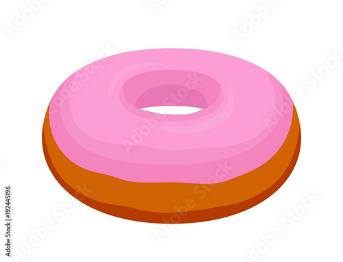 Vector tasty pink glaze donut. Pastry, cake with icing-sugar, cream. Cartoon flat style
