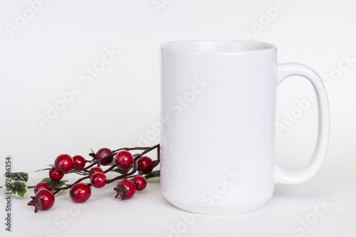 Fotografie 15 oz white ceramic mug mockup, white photo with minimalistic decor