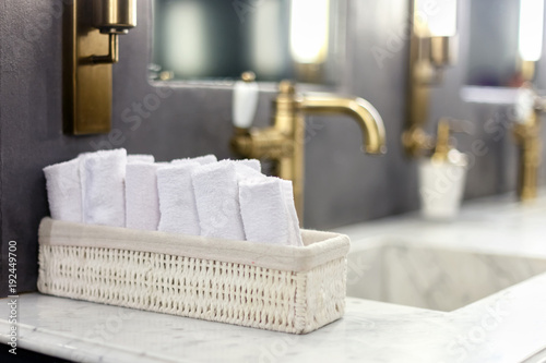 rolled towels in the bathroom
