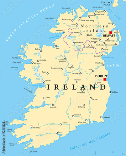 Canvas Print Ireland and Northern Ireland political map with capitals Dublin and Belfast, borders, important cities, rivers and lakes