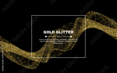 Gold glitter flow abstract lines isolated on black background, vector illustration. Sparkling dots wave with frame, space for text for banners, party invitations, graphic design.