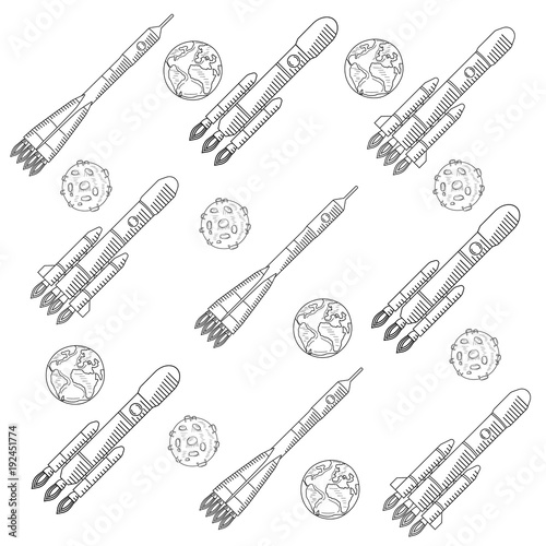 The pattern of space travel. Space rockets, the planet Earth and the Moon, space. Space race. Sketch of drawing, vector illustration