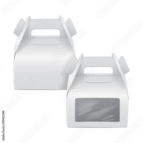 Realistic paper cake package set, white box mock up, gift ontainer with handle and window. Take away food box vector template