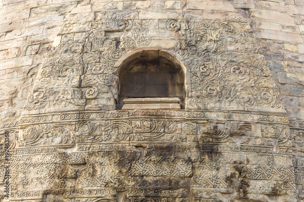 architectural detail on Dhamekh Stupa in Sarnath, Varanasi, Uttar Pradesh, India architectural detail on Dhamekh Stupa in Sarnath, Varanasi, Uttar Pradesh, India