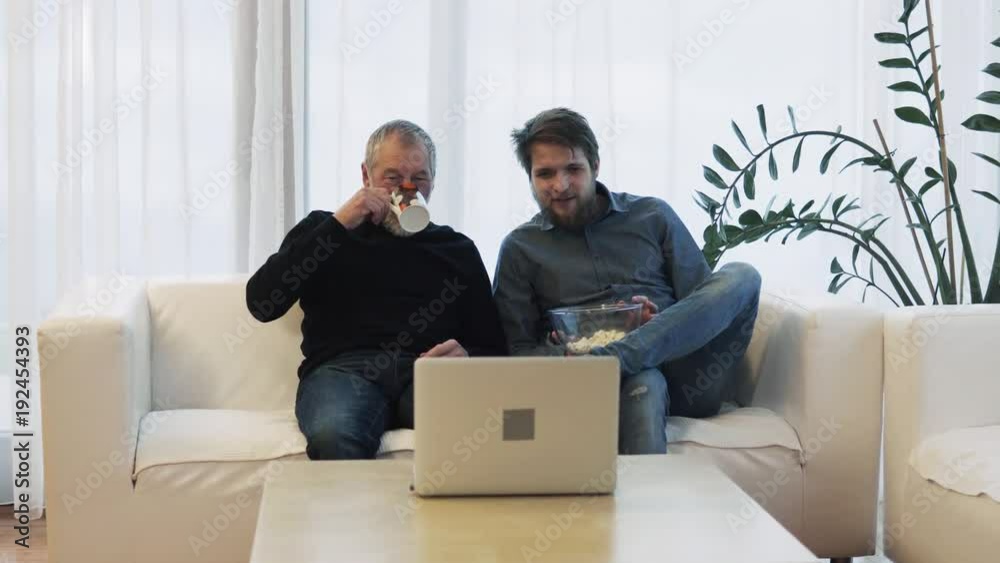 Hipster son and his senior father with laptop at home. Hipster son and his senior father with laptop at home.