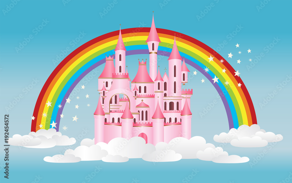 Pink princess castle in sky with clouds and magical rainbow vector