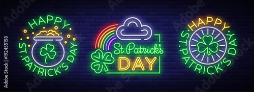 Happy St. Patrick's day set of vector illustrations in a neon style. Neon sign collection, greeting card, postcard, neon banner, bright advertisement flyer. An invitation to celebrate St Patricks Day